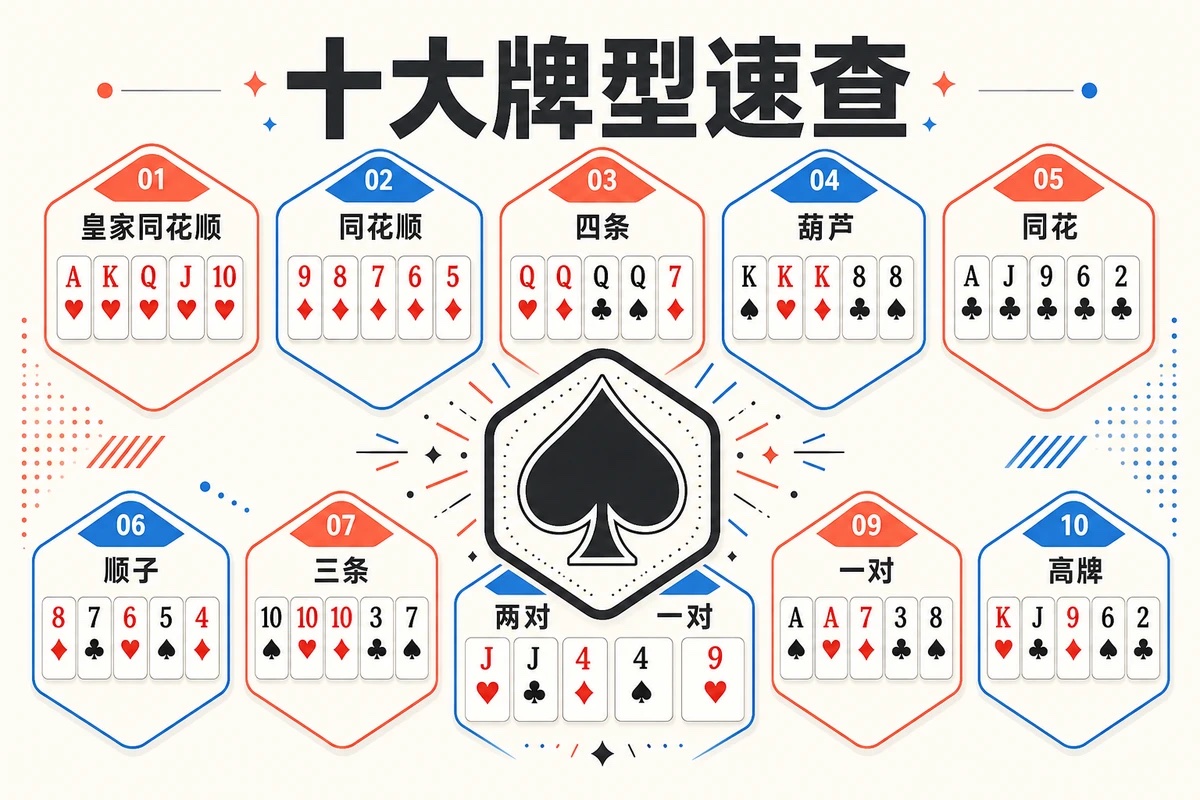 德州扑克十大牌型速查图：从皇家同花顺到高牌的六边形排列